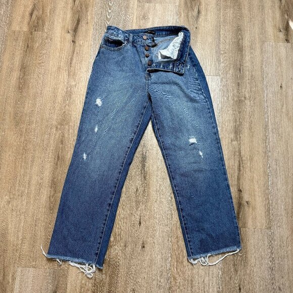 Sincerely Jules Raw Hem Straight Leg Jeans Sz 3/26 Medium Wash Distressed Denim - Picture 1 of 16
